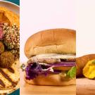 Combined photos of falafel plate, mushroom burger, masala dosa